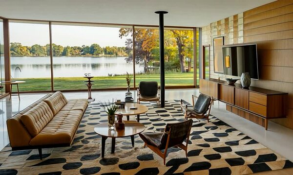 Art Moderne living room with sleek furniture, bold geometric patterns, and a panoramic view of a city skyline