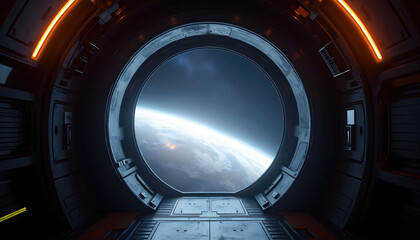 Interior of a spaceship, gazing at a distant planet or galaxy, evoking a sense of space exploration
