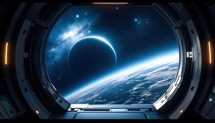 Interior of a spaceship, gazing at a distant planet or galaxy, evoking a sense of space exploration