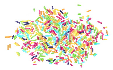 Colorful candy sprinkles isolated on white background, top view	