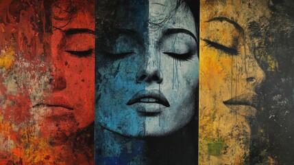 A triptych artwork featuring abstract portraits of a woman's face in vibrant colors.