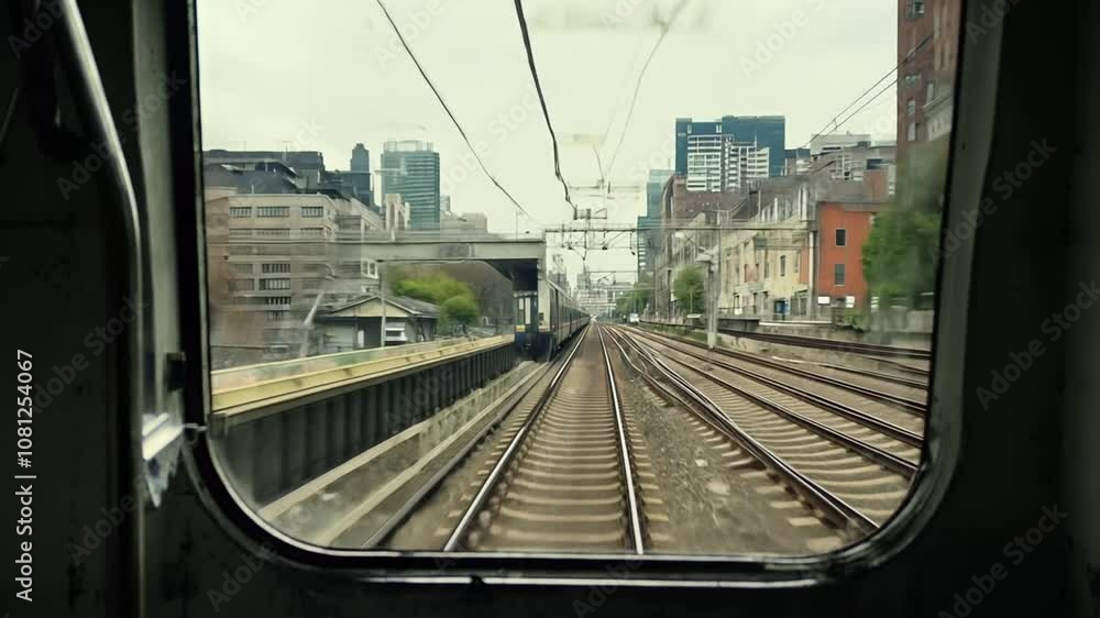 Poster train journey through a city landscape captured from the window generative ai
