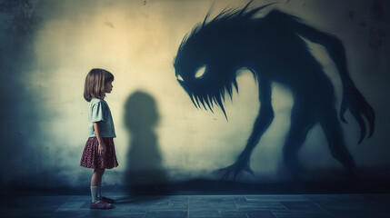 Child gazing at a scary monster shadow on the wall, embodying themes of imagination and overcoming fear