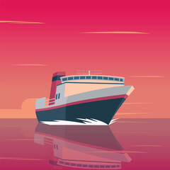 Cruise ship for sea travel. Summer luxury vacation on cruise liner. Vector cartoon illustration of tropical  harbor and pink evening sky.