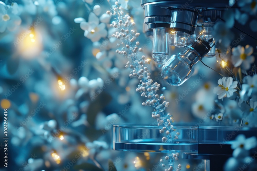 Poster a close-up of a microscope lens with white flowers in the background. the lens is pointed at a small