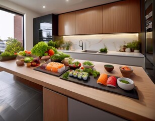 Modern Kitchen Island Featuring Freshly Prepared Vegan Sushi, Organic Vegetables, and a Selection of Gluten-Free Soy Sauce and Wasabi for a Healthy Plant-Based Meal