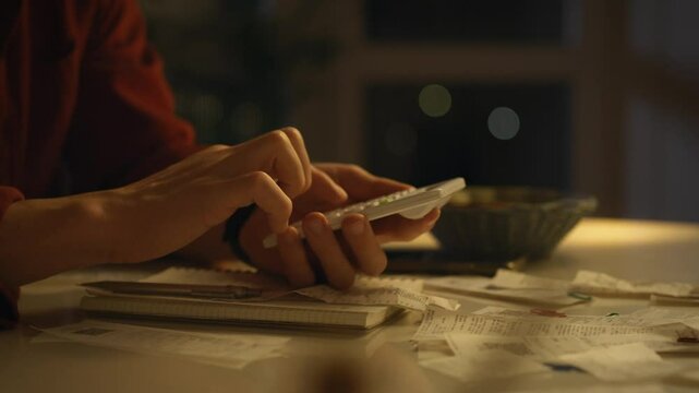 A person is focused on their smartphone, surrounded by receipts and papers on a table in a softly lit room, indicating late-night budgeting or organization efforts