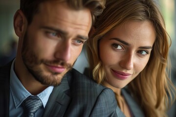 Fototapeta premium Title: Workplace Harassment: Female Colleague Victimized by Businessman's Sexual Advances