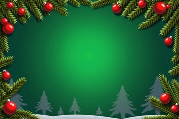 Christmas frame with pine branches and red ornaments