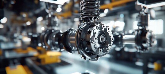 Fototapeta premium Precision Engineering: A Close-Up View of a Complex Machine Component in a Modern Factory Setting