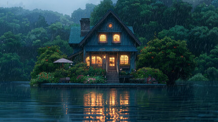 Fototapeta premium A cozy wooden house with lit windows sits on a small island in a lake, surrounded by lush greenery under a soft rain. The house is reflected in the water.