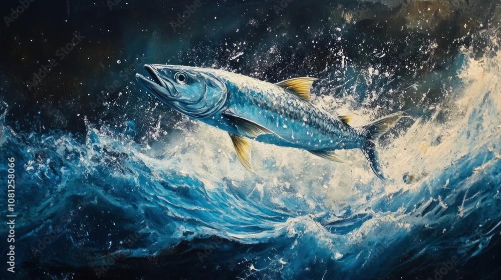 Poster a dynamic depiction of a fish leaping through turbulent ocean waves.