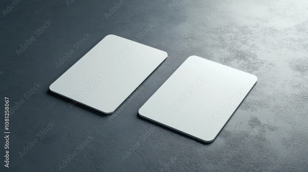 Poster two sleek, blank rectangular objects on a textured surface.