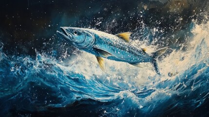 Fototapeta premium A dynamic depiction of a fish leaping through turbulent ocean waves.