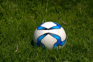 Fototapeta premium white and blue patterned soccer ball in grass