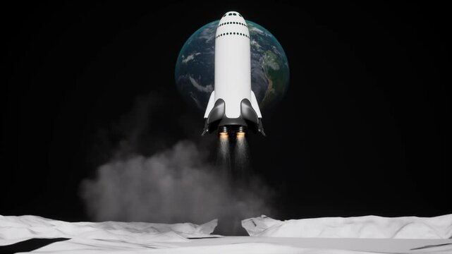 Futuristic spaceship approaches moon with Earth in background. 3D animation of spacecraft landing on lunar surface for mission