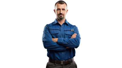 Mechanic standing arms crossed isolate on a transparent background