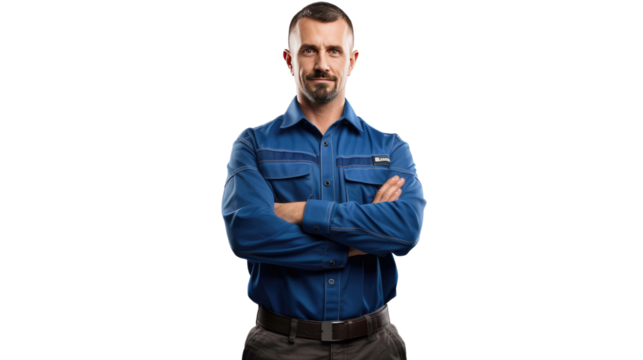 Mechanic standing arms crossed isolate on a transparent background