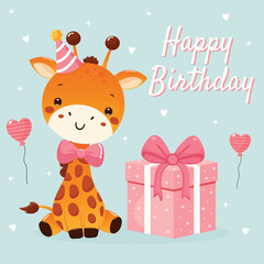 Happy Birthday greeting card with cute baby giraffe