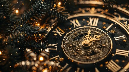 Golden Clock Face With Roman Numerals, Fir Branches, And Festive Bokeh For New Years Eve