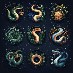 Fototapeta premium Nine circular illustrations of snakes with different colors and poses on a dark blue background with white stars.