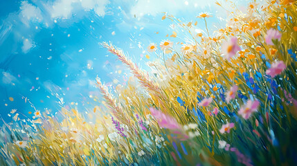 Fototapeta na wymiar A field of wildflowers and grass blowing in the wind under a blue sky with white clouds.