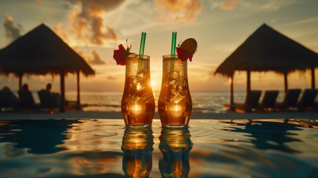 Tropical cocktails on sunset beach, iced drinks in paradise, island getaway, vacation refreshment concept