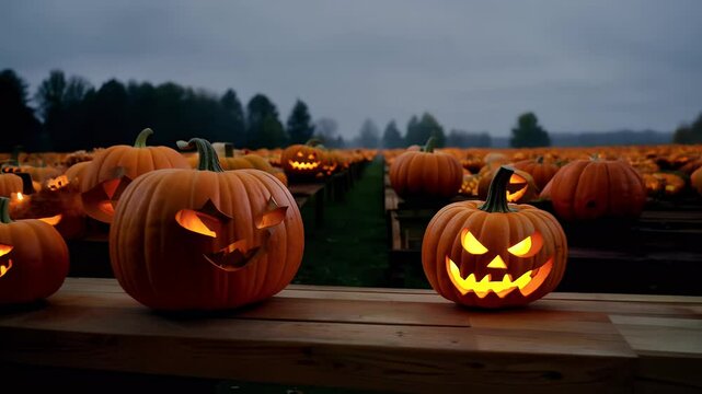 Halloween scene featuring pumpkin lantern resting wooden planks amidst patch farm capturing essence autumn fall festival vibes high quality 4K footage