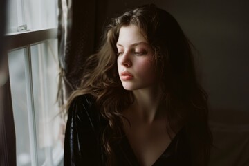 Fototapeta premium A young woman gazes thoughtfully out a window, her long hair softly cascading over her shoulders, bathed in warm, gentle light.