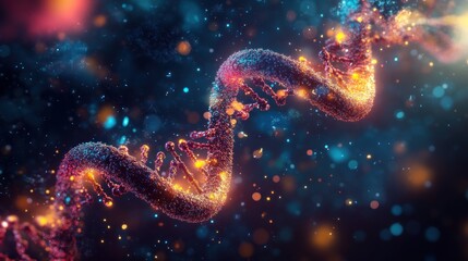 A glowing, abstract representation of a DNA strand against a dark, blue and orange background.