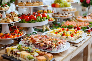Catering food on long table, Party