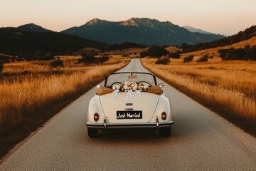 countryside road with a newly married couple in a convertible car with a just married sign.