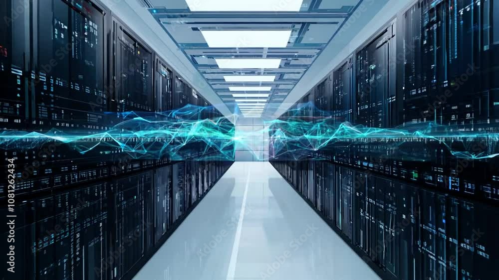 Poster digital visualization of a data center with rack servers in operation generative ai