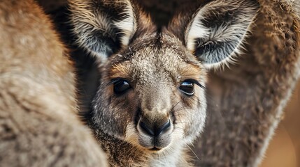 Fototapeta premium Joey peeking out of his mother's kangaroo pouch