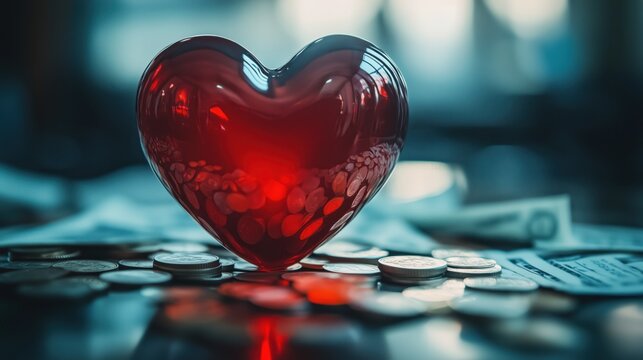 Glossy red heart surrounded by coins and bills, symbolizing love, generosity, and financial care.