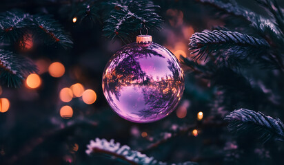 Close-Up of a Purple Christmas Ornament With Lights and Christmas Tree