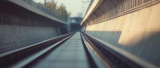 Train tracks stretch into infinity beneath clear skies, lined by modern architecture, inviting thoughts of journeys and destinations yet to be reached.