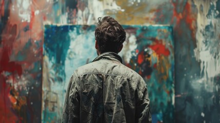 Obraz premium A male artist in a green shirt, with paint splattered on his clothes, stands in his studio and looks at a large canvas painting, with multiple other paintings in the background.