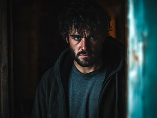 Man Showing Fear with a Dramatic Expression in a Dimly Lit Setting, Ideal for Fear or Suspense Concepts