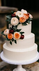 close-up of beautifully decorated wedding cake with fresh flowers and copy space.