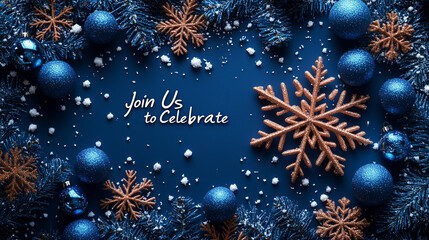 A simple holiday flyer with "Join Us to Celebrate" message, snowflake graphics, and corporate branding
