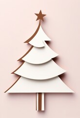Fototapeta premium Ein minimalistischer, stilisierter Weihnachtsbaum in Weiß mit braunen Akzenten und einem Stern, auf einem zarten rosa Hintergrund. Perfekt für moderne Weihnachtskarten. Generative KI