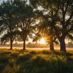 Sunrise Through Trees in Misty Meadow