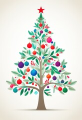 Obraz premium Ein bunter, stilisierter Weihnachtsbaum mit farbenfrohen Kugeln und grünen Blättern, gekrönt von einem roten Stern, auf hellem Hintergrund. Fröhlich und modern. Generative KI