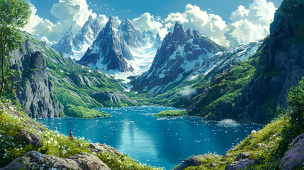 A lone figure stands atop a rocky outcrop overlooking a picturesque mountain lake, with snow-capped peaks rising in the background.