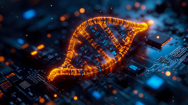 A vibrant DNA helix highlighted by glowing circuits and lights, showcasing the fusion of biology and technology in a modern digital setting