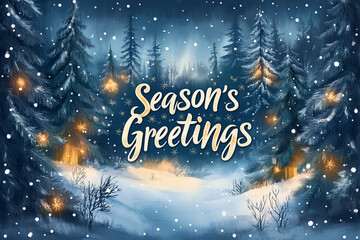 A corporate card with an illustration of snowy pines, "Season’s Greetings" message, and company logo