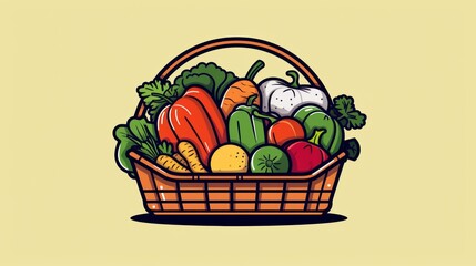A cartoon illustration of a basket overflowing with fresh produce, including peppers, carrots, and a lemon.
