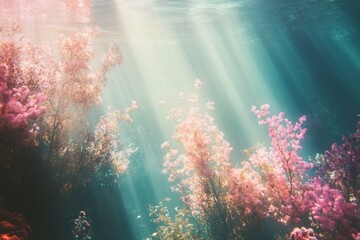 Sunbeams shining through the water illuminating pink seaweed underwater.