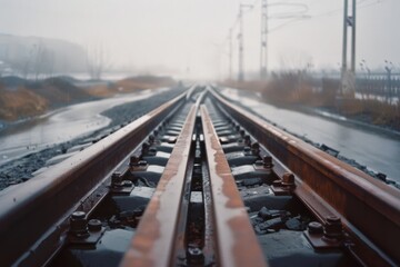 Fototapeta premium Rusty railway tracks stretching into mist, bordered by bare trees and puddles, suggest a journey into the unknown through a foggy landscape.